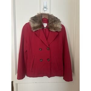Chico's Faux Fur Double Breasted Stretch Blazer Womens Size Small Red Classic